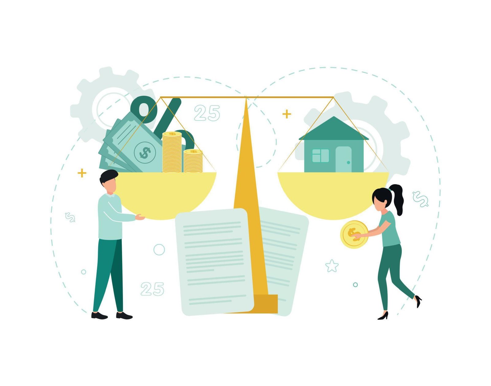 finance-mortgage-people-near-the-scales-and-documents-in-the-bowls-bills-percent-stacks-of-coins-house-against-the-background-of-gears-numbers-dollar-sign-illustration-vector